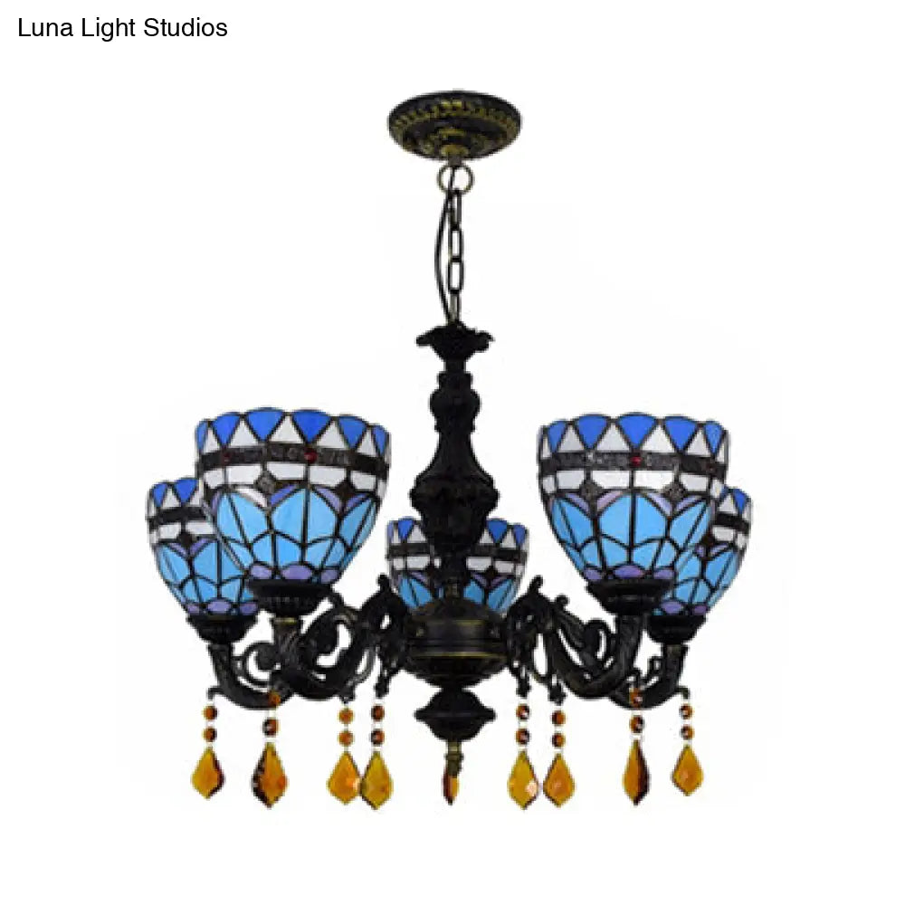 Retro Stained Glass Chandelier Light | Domed Design 5 Tulip Lights With Crystal Accents In Blue