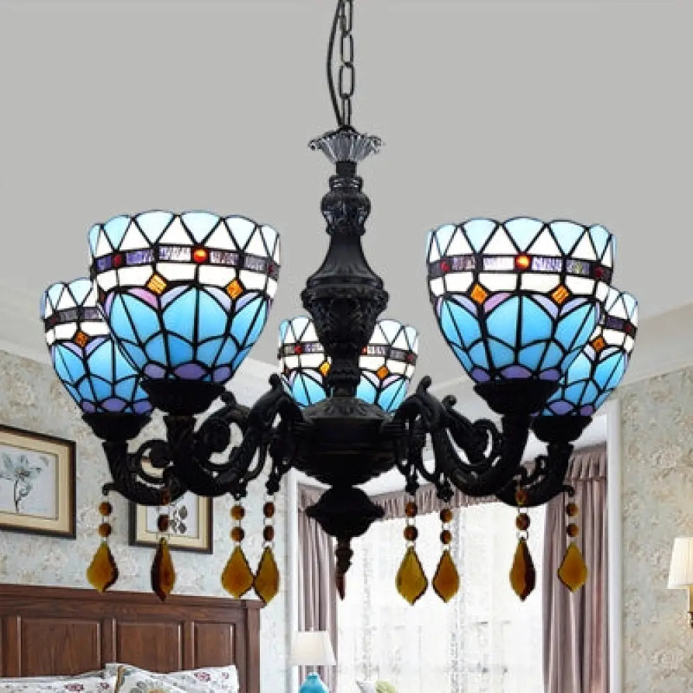 Retro Stained Glass Chandelier Light | Domed Design 5 Tulip Lights With Crystal Accents In Blue