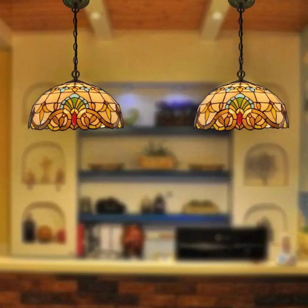 Retro Stained Glass Chandelier Pendant Light With 2 Heads In Beige Bowl Style
