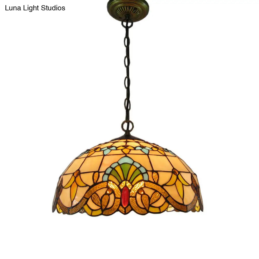 Retro Stained Glass Chandelier Pendant Light With 2 Heads In Beige Bowl Style