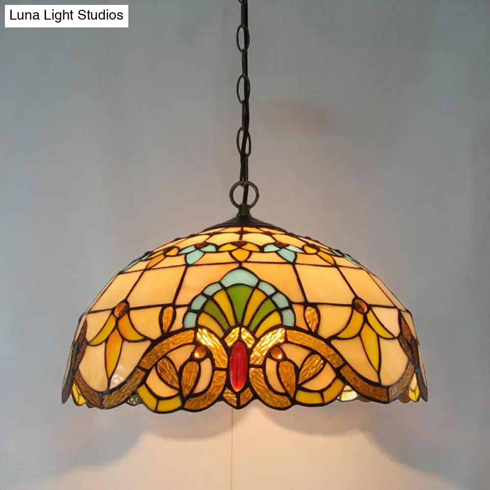 Retro Stained Glass Chandelier Pendant Light With 2 Heads In Beige Bowl Style