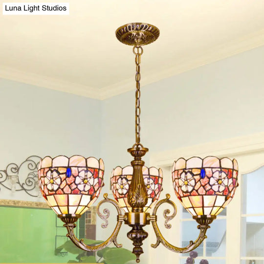 Retro Stained Glass Flower Chandelier Light With Chain - 3 Heads Ideal For Bedroom Lighting Beige