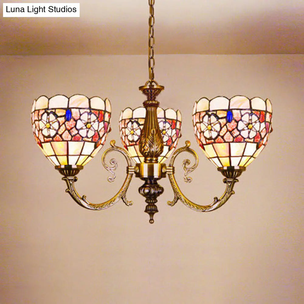 Retro Stained Glass Flower Chandelier With Chain - Perfect For Bedroom Lighting