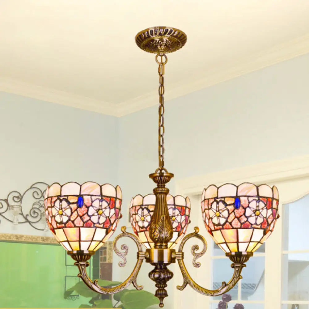 Retro Stained Glass Flower Chandelier With Chain - Perfect For Bedroom Lighting Beige