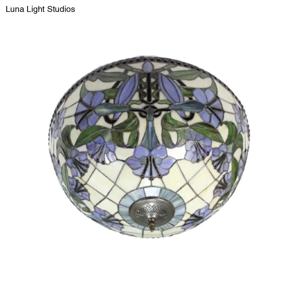 Retro Stained Glass Flushmount Ceiling Light With Morning Glory Pattern - Purple