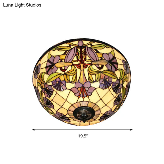 Retro Stained Glass Flushmount Ceiling Light With Morning Glory Pattern - Purple