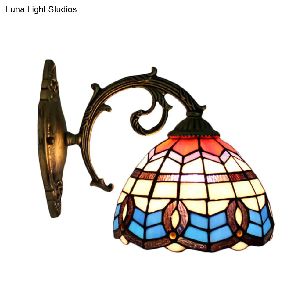 Retro Stained Glass Wall Sconce: Blue Bowl Shade 1-Light Mount