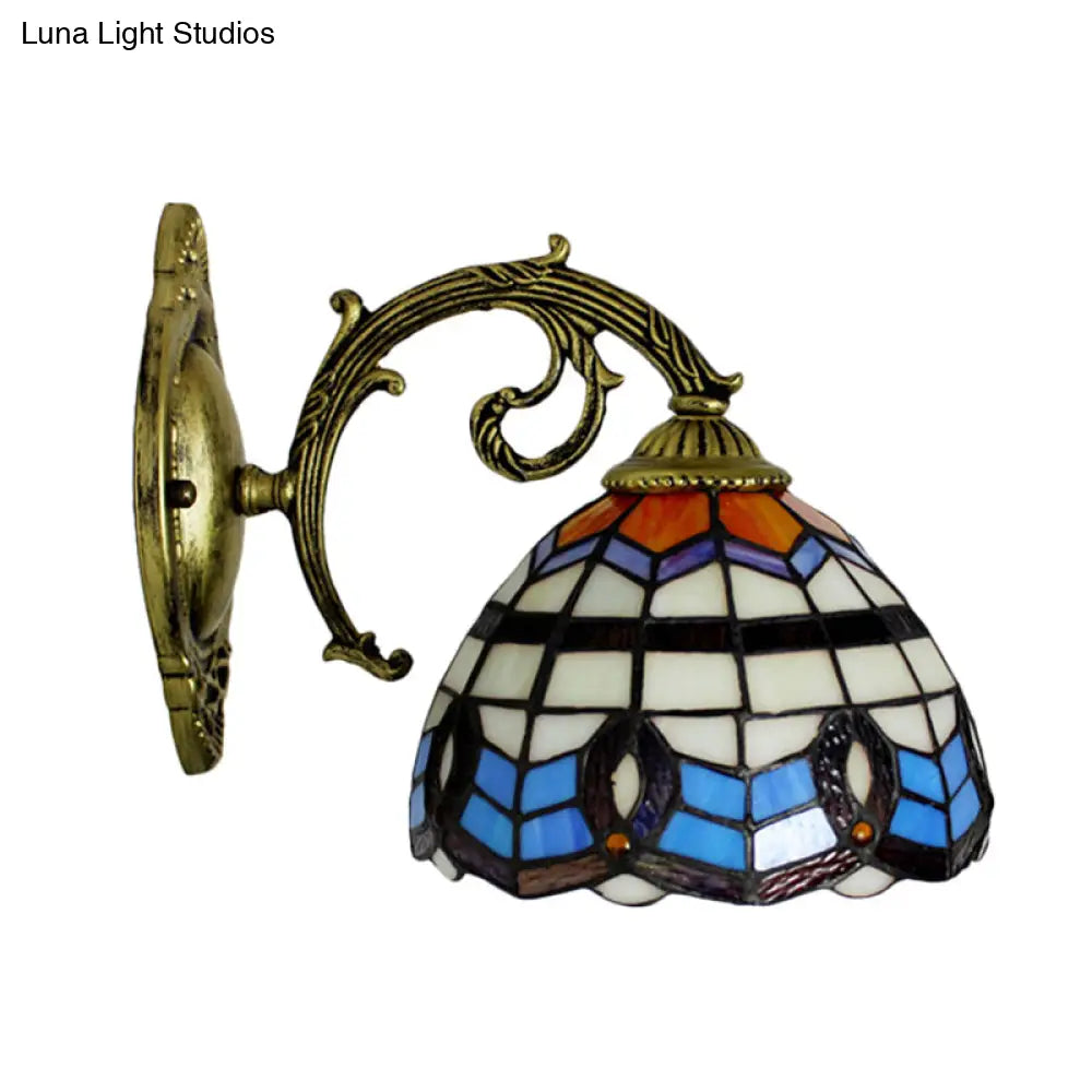 Retro Stained Glass Wall Sconce: Blue Bowl Shade 1-Light Mount