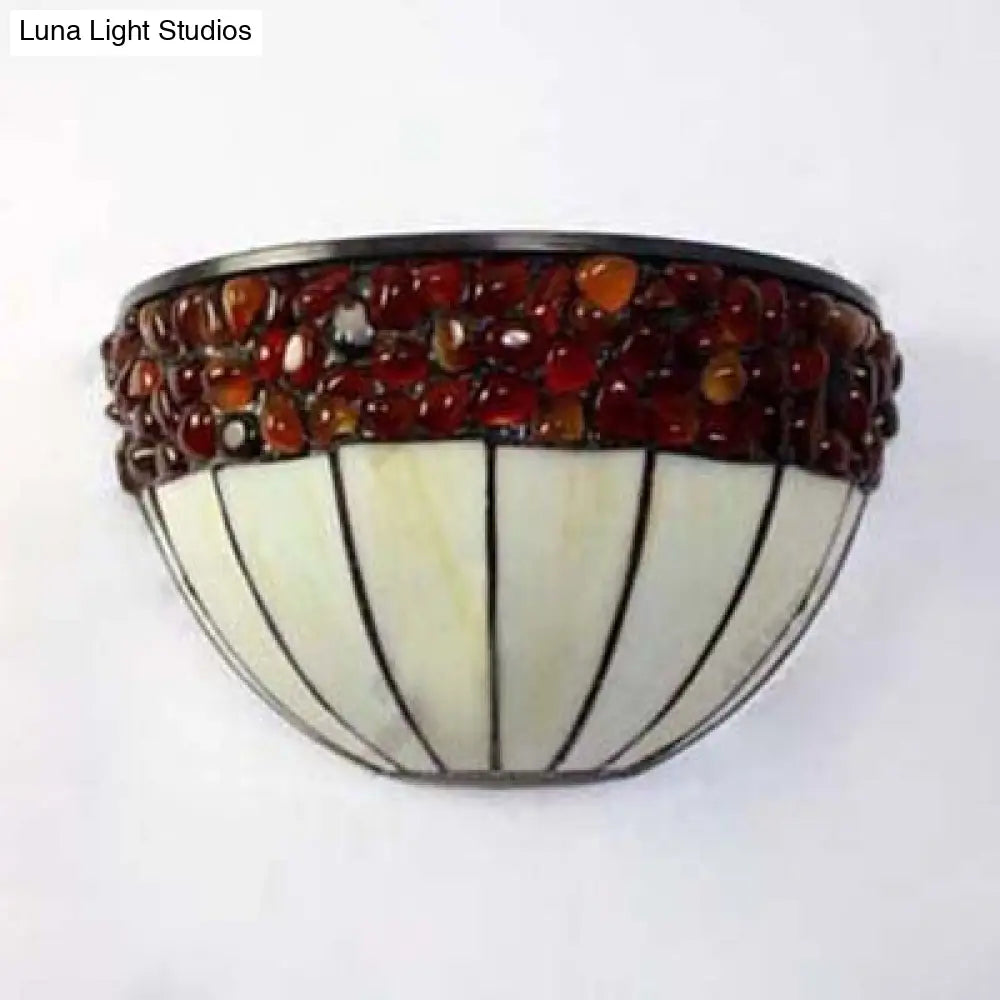 Retro Stained Glass Wall Sconce Lighting - 2-Light Bowl Mount For Corridor