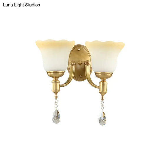 Retro Style 1/2-Head Gold Wall Lamp With Crystal Drop - Blossom Opaque Glass Lighting