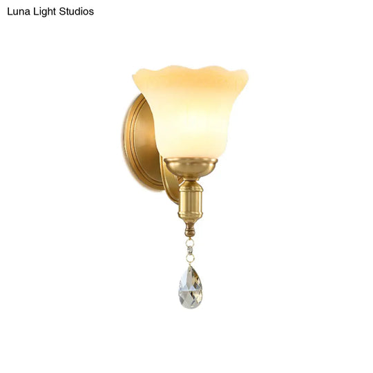 Retro Style 1/2-Head Gold Wall Lamp With Crystal Drop - Blossom Opaque Glass Lighting