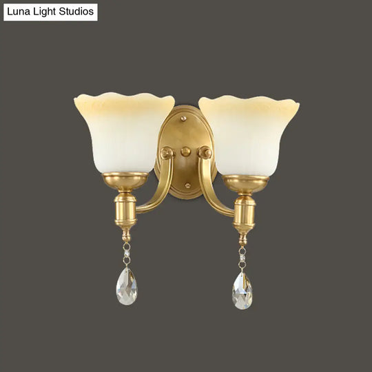 Retro Style 1/2-Head Gold Wall Lamp With Crystal Drop - Blossom Opaque Glass Lighting