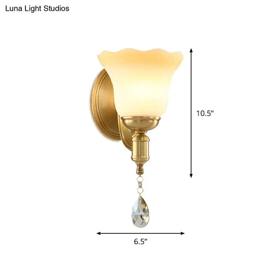 Retro Style 1/2-Head Gold Wall Lamp With Crystal Drop - Blossom Opaque Glass Lighting