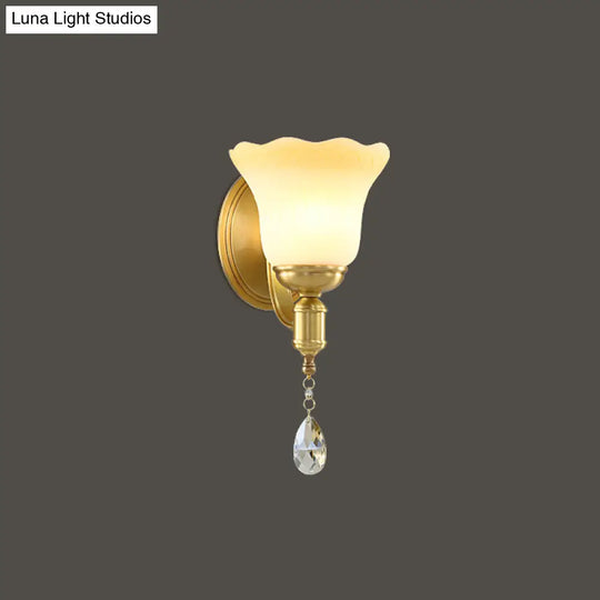 Retro Style 1/2-Head Gold Wall Lamp With Crystal Drop - Blossom Opaque Glass Lighting