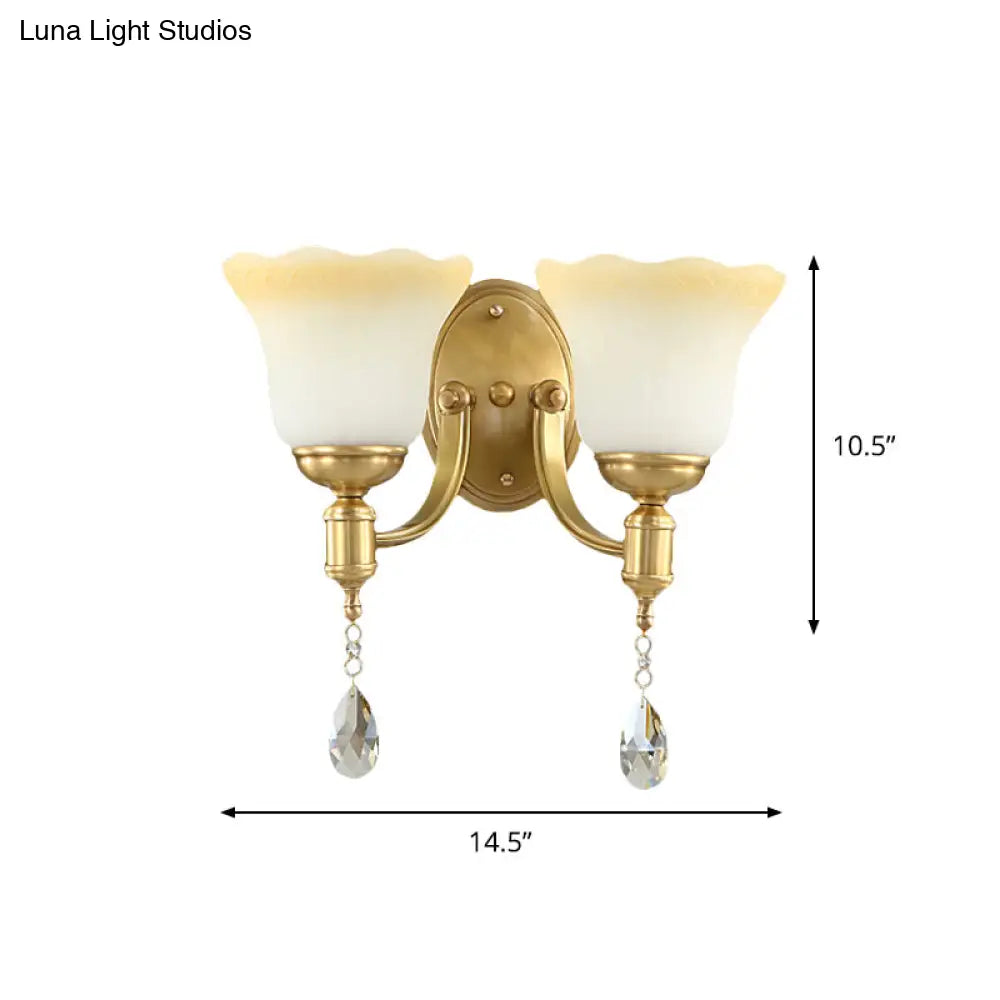 Retro Style 1/2-Head Gold Wall Lamp With Crystal Drop - Blossom Opaque Glass Lighting