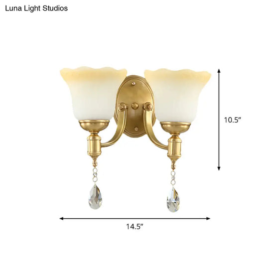 Retro Style 1/2-Head Gold Wall Lamp With Crystal Drop - Blossom Opaque Glass Lighting