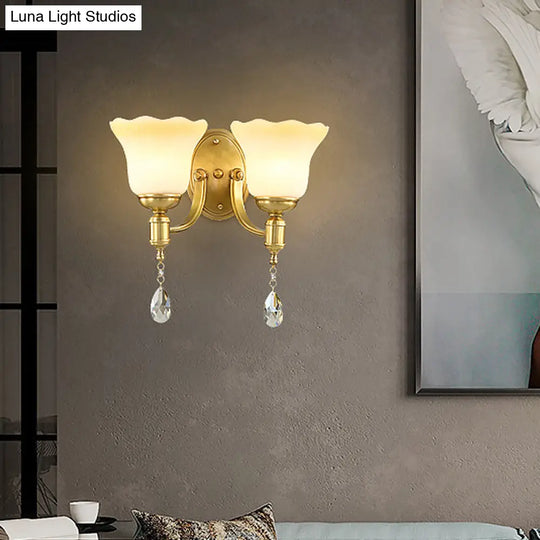 Retro Style 1/2-Head Gold Wall Lamp With Crystal Drop - Blossom Opaque Glass Lighting