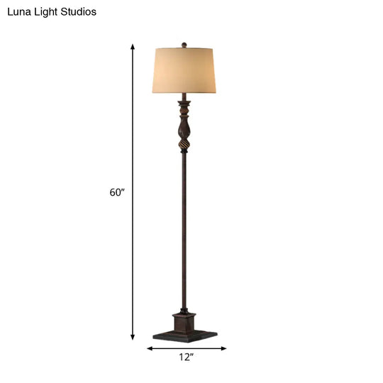 Retro Style 1-Head Resin Reading Floor Lamp - Brown Carved Design With Fabric Shade For Study Room