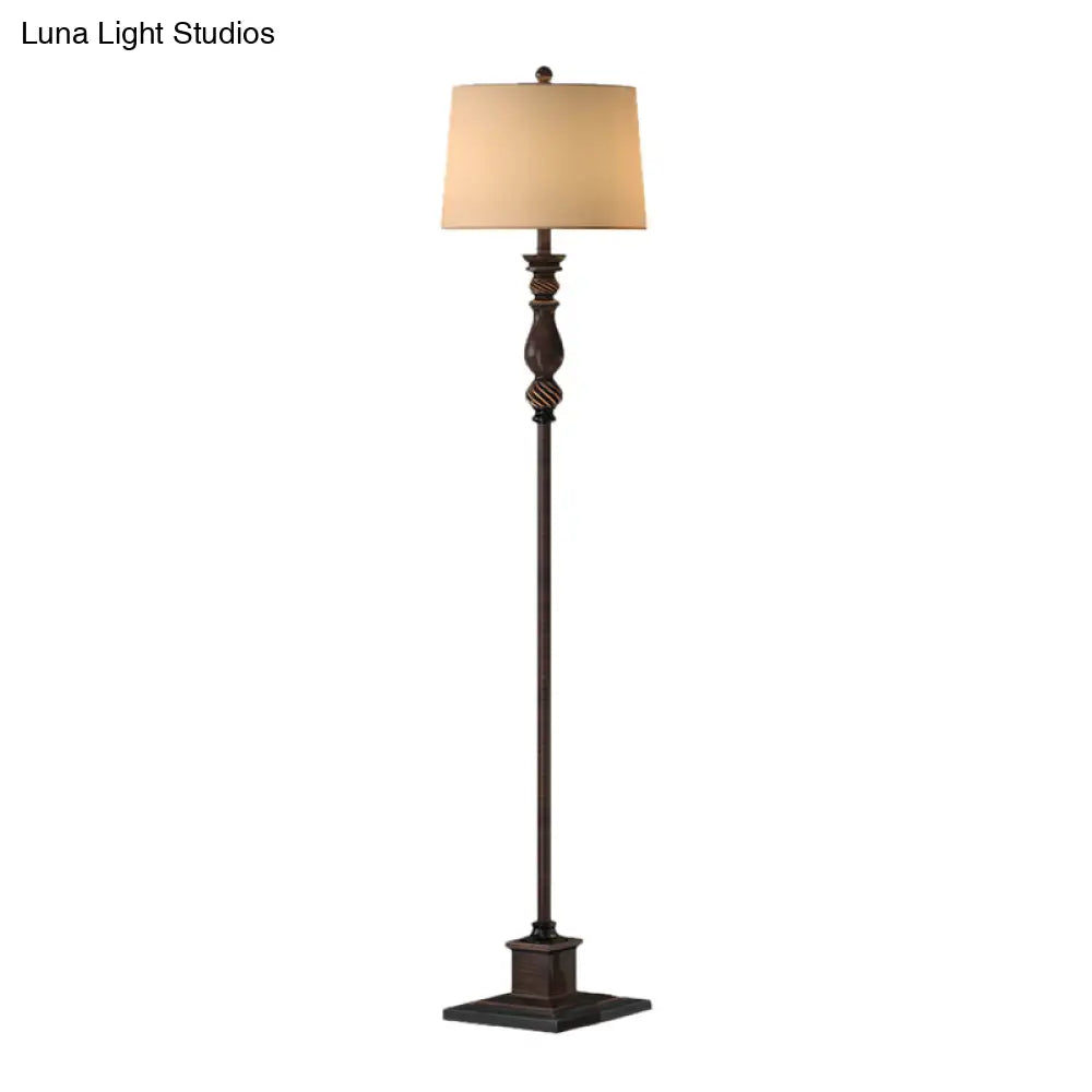 Retro Style 1-Head Resin Reading Floor Lamp - Brown Carved Design With Fabric Shade For Study Room