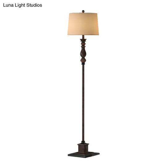 Retro Style 1-Head Resin Reading Floor Lamp - Brown Carved Design With Fabric Shade For Study Room