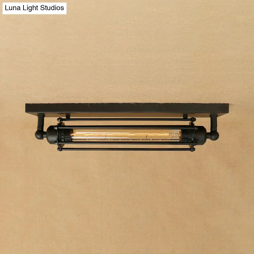 Retro Style 1-Light Linear Ceiling Mount Fixture With Cage Shade - Black Metallic Flush