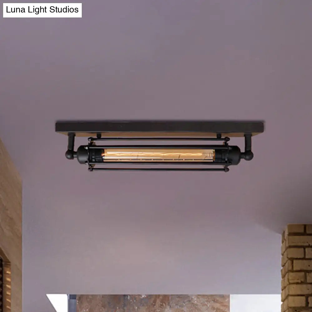 Retro Style 1-Light Linear Ceiling Mount Fixture With Cage Shade - Black Metallic Flush