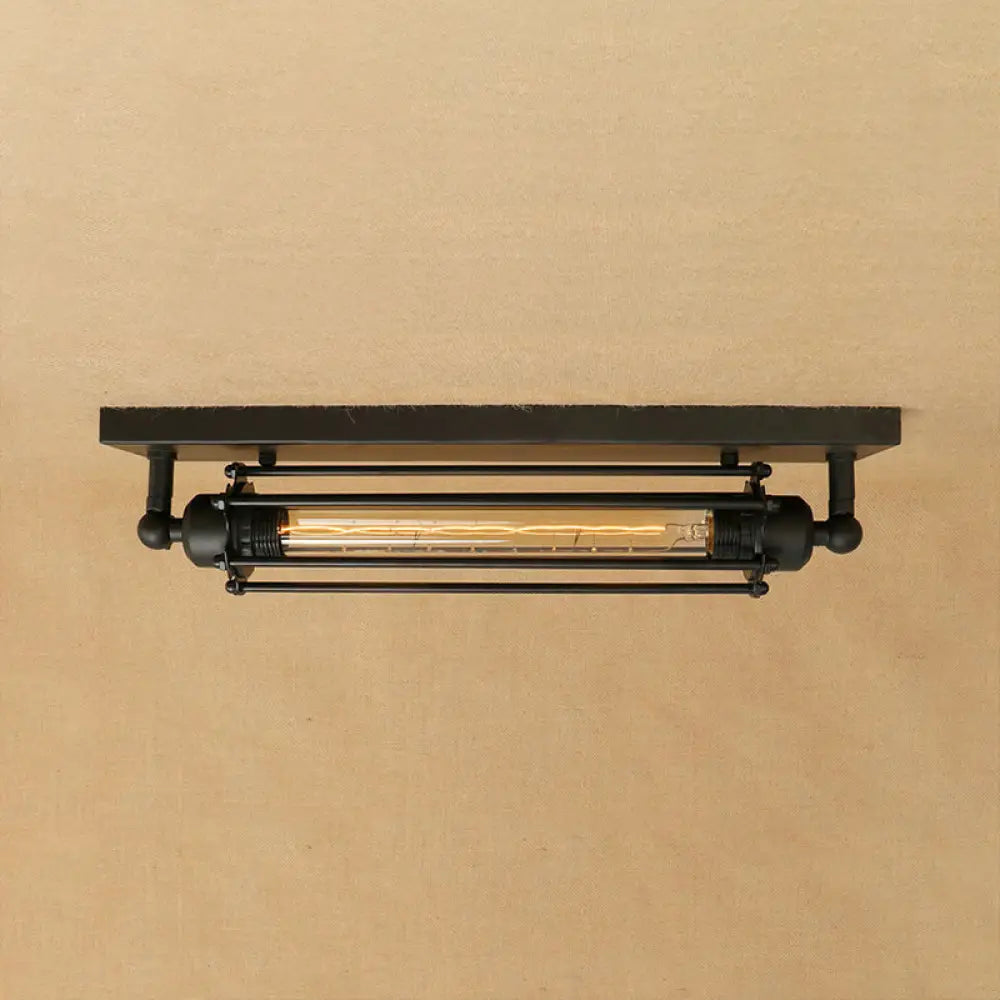 Retro Style 1 - Light Linear Ceiling Mount Fixture With Cage Shade - Black Metallic Flush