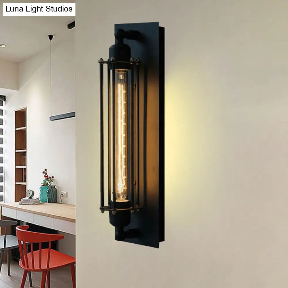 Retro Style 1 - Light Linear Ceiling Mount Fixture With Cage Shade - Black Metallic Flush