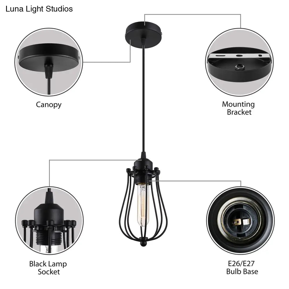 Retro Style 1-Light Pendant Lamp With Bulb Cage Shade Metallic Hanging Light In Black For Living