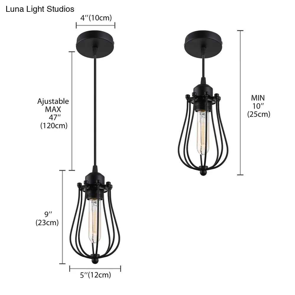 Retro Style 1-Light Pendant Lamp With Bulb Cage Shade Metallic Hanging Light In Black For Living