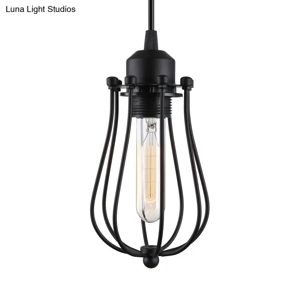 Retro Style 1-Light Pendant Lamp With Metal Cage Shade - Black