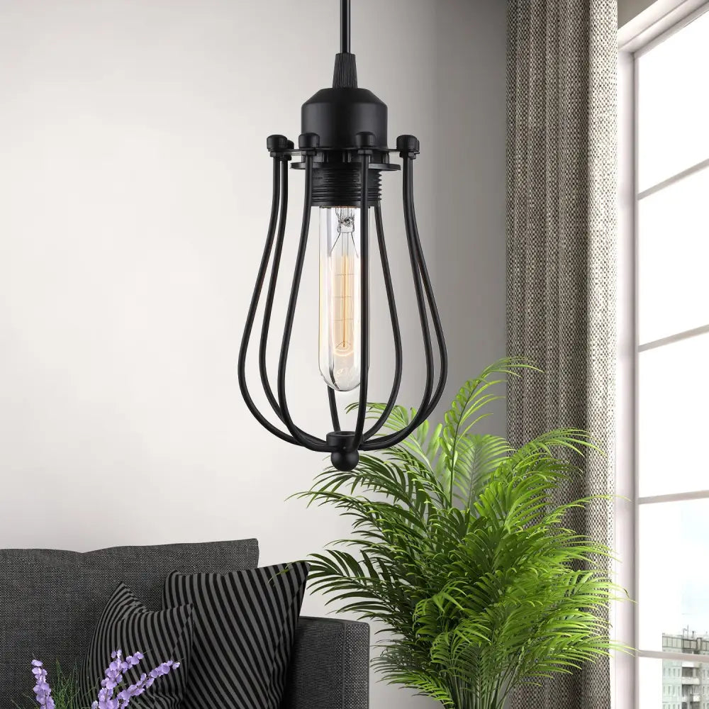 Retro Style 1-Light Pendant Lamp With Metal Cage Shade - Black