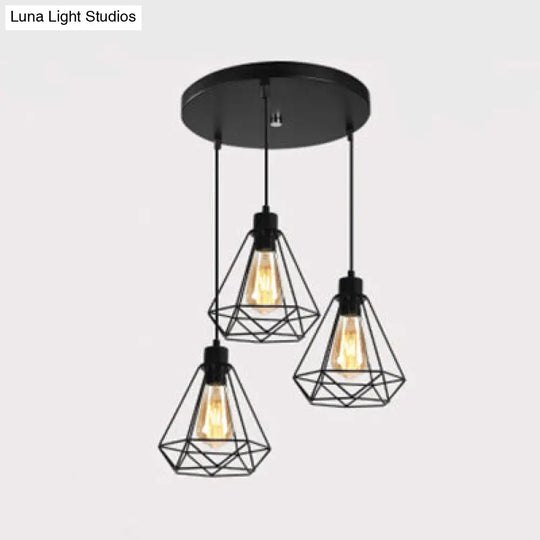 Metallic Wire Frame Hanging Lamp - Retro Style 3 Heads Black Indoor Ceiling Light With Diamond Shade