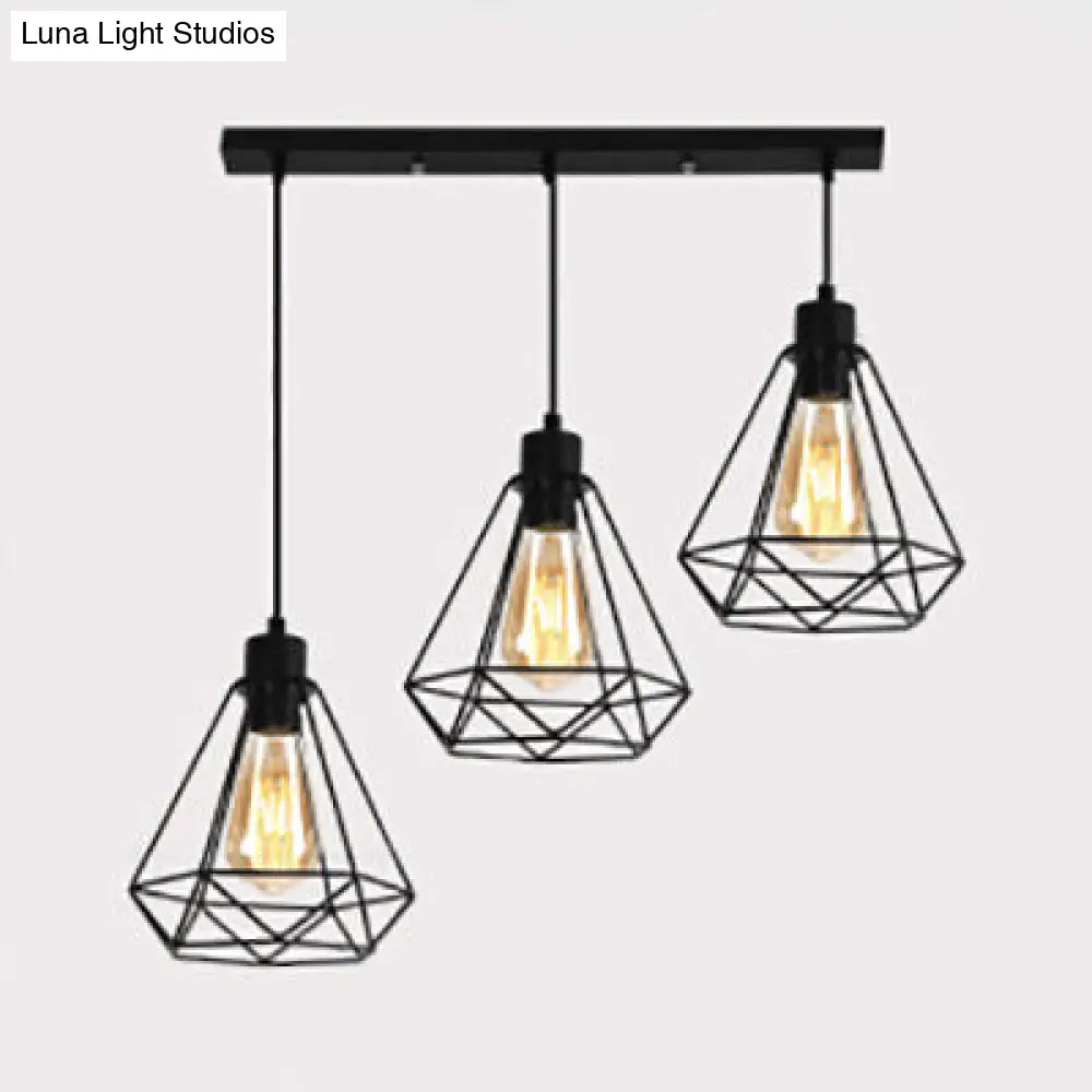 Metallic Wire Frame Hanging Lamp - Retro Style 3 Heads Black Indoor Ceiling Light With Diamond Shade