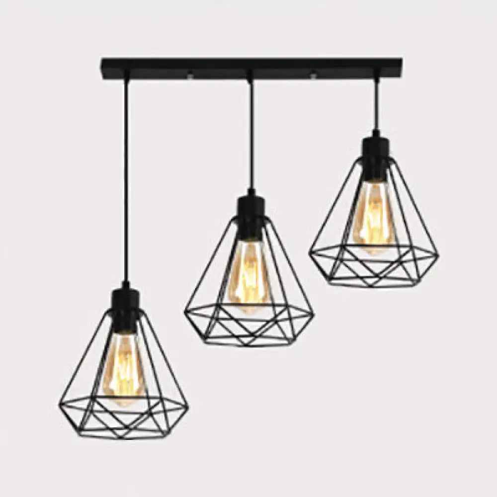 Retro Style 3-Headed Metallic Wire Frame Hanging Lamp With Diamond Shade - Indoor Ceiling Light In