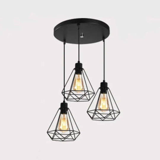 Retro Style 3-Headed Metallic Wire Frame Hanging Lamp With Diamond Shade - Indoor Ceiling Light In