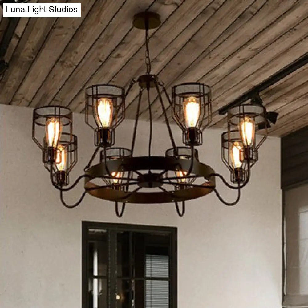 Retro Style 6/8-Light Chandelier With Wire Guard Black Down/Up Ceiling Light And Bell Shade