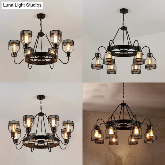 Retro Style 6/8-Light Chandelier With Wire Guard And Bell Shade In Black