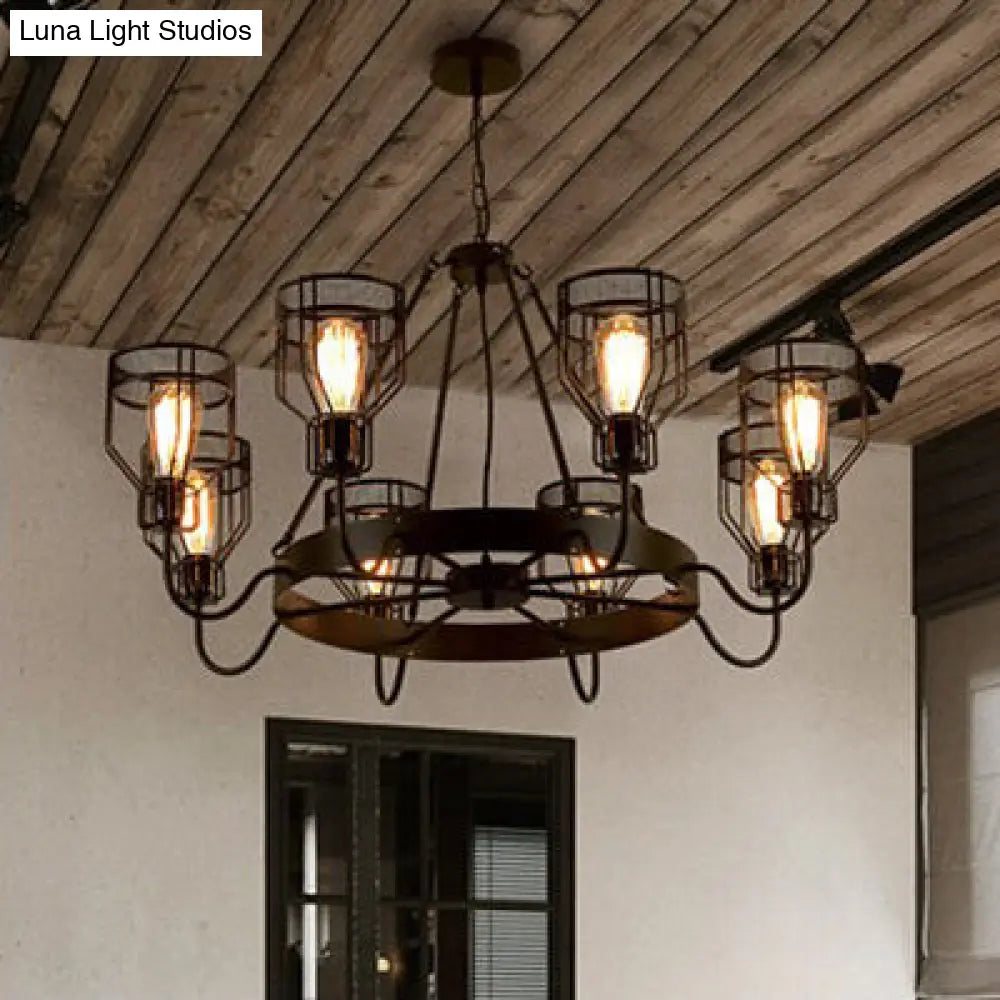 Retro Style 6/8-Light Chandelier With Wire Guard And Bell Shade In Black