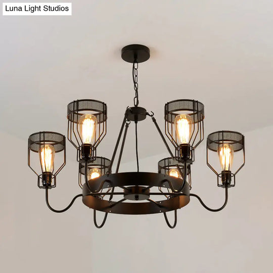 Retro Style 6/8-Light Chandelier With Wire Guard And Bell Shade In Black 6 / Up