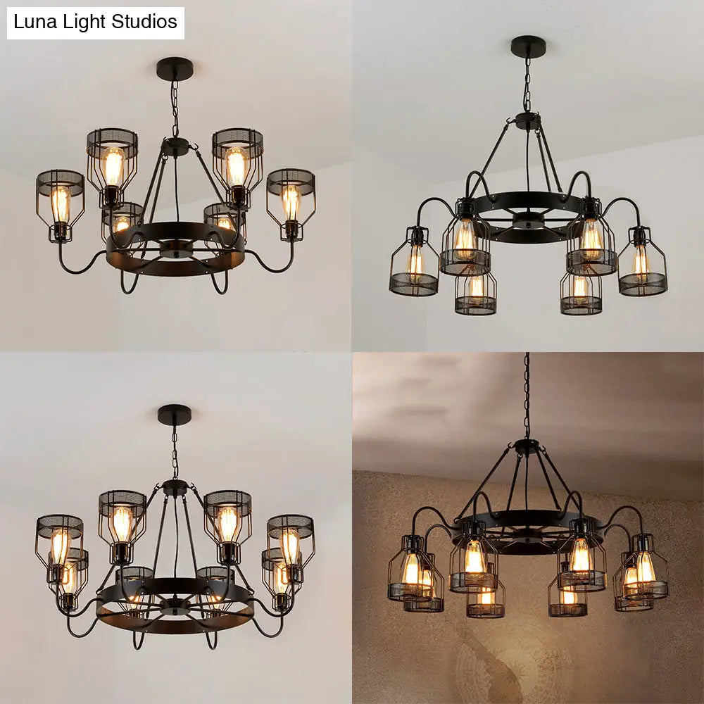 Retro Style 6/8-Light Chandelier With Wire Guard Black Down/Up Ceiling Light And Bell Shade