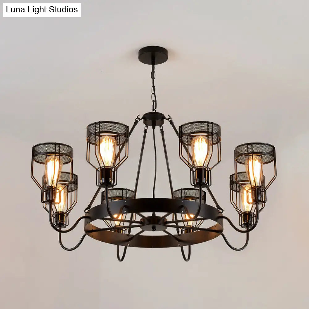 Retro Style 6/8-Light Chandelier With Wire Guard And Bell Shade In Black 8 / Up