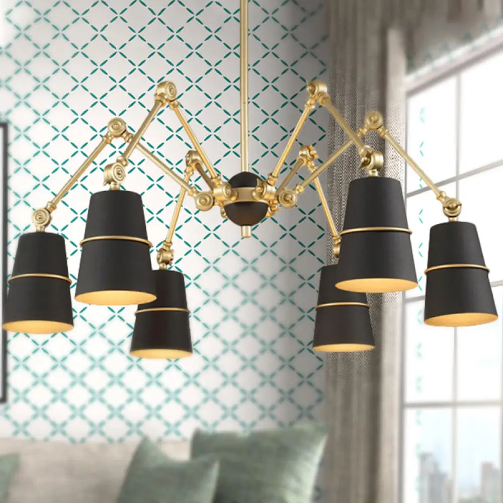 Retro Style 6-Light Spider Chandelier With Cone Shades - Black & Gold Metal Suspension Light