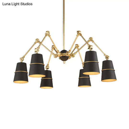 Retro Style 6-Light Spider Chandelier With Cone Shades - Black & Gold Metal Suspension Light