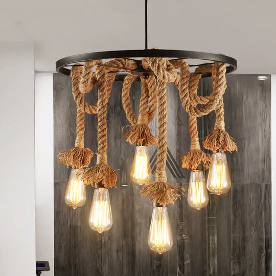 Retro Style 6-Light Wheel Metal Hanging Lamp With Adjustable Rope Brown Finish - Perfect For