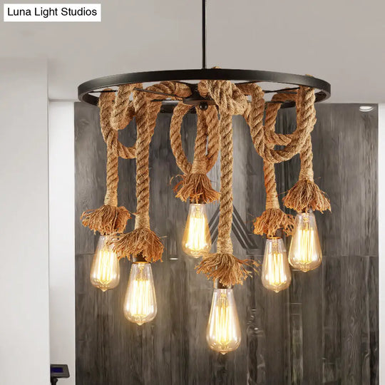 Rustic Wheel Metal Hanging Lamp - 6-Light Retro Ceiling Light With Adjustable Brown Rope For Hallway