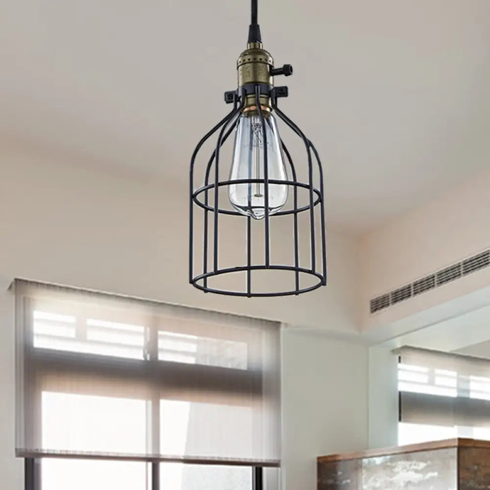 Retro Style Birdcage Pendant Lamp With Black Shade - Perfect For Coffee Shop