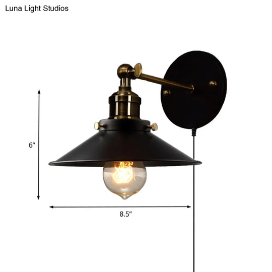 Retro Style Black Cone Wall Lamp - Adjustable Angle 1-Bulb Dining Room Sconce With Plug-In Cord