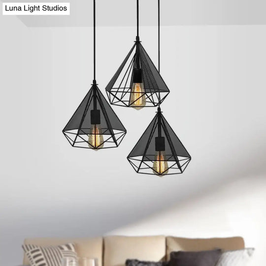 Retro-Style Black Diamond Hanging Light With 3 Metallic Heads - Dining Room Pendant Lighting