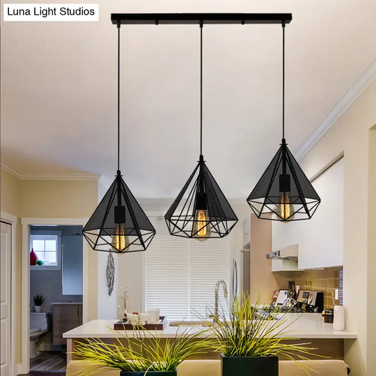 Retro Style Black Diamond Cage Pendant Light With 3 Metallic Heads For Dining Rooms - Round/Linear